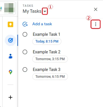 Screenshot from Google Calendar, after clicking the "Tasks" icon. List of todos is shown.