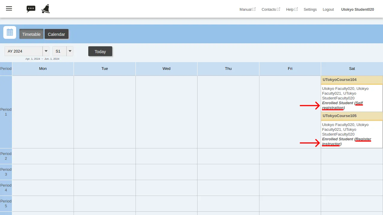 The timetable shows whether the course is registered through self-registration, or by its instructor, etc.